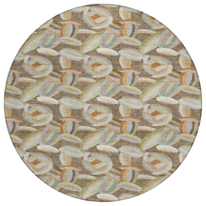 8' Brown And Ivory Round Abstract Washable Indoor Outdoor Area Rug HomeRoots