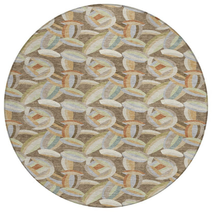 8' Brown And Ivory Round Abstract Washable Indoor Outdoor Area Rug HomeRoots