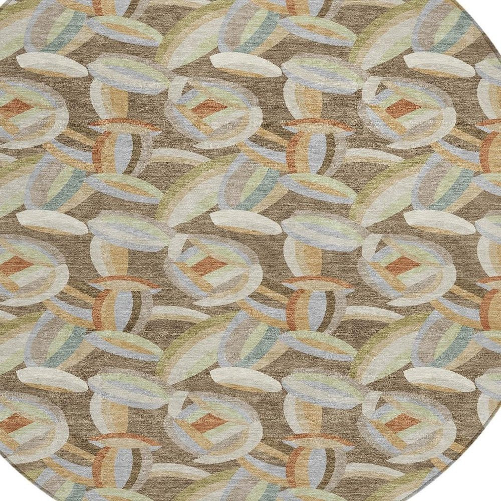 8' Brown And Ivory Round Abstract Washable Indoor Outdoor Area Rug HomeRoots