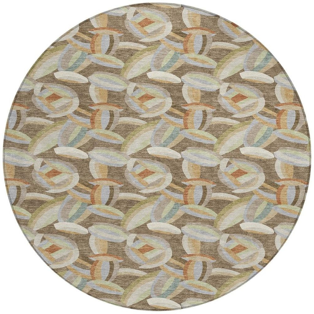 8' Brown And Ivory Round Abstract Washable Indoor Outdoor Area Rug HomeRoots