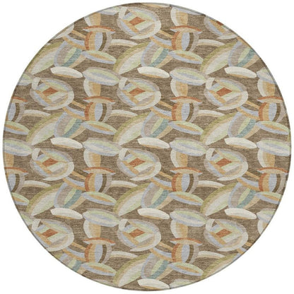 8' Brown And Ivory Round Abstract Washable Indoor Outdoor Area Rug HomeRoots