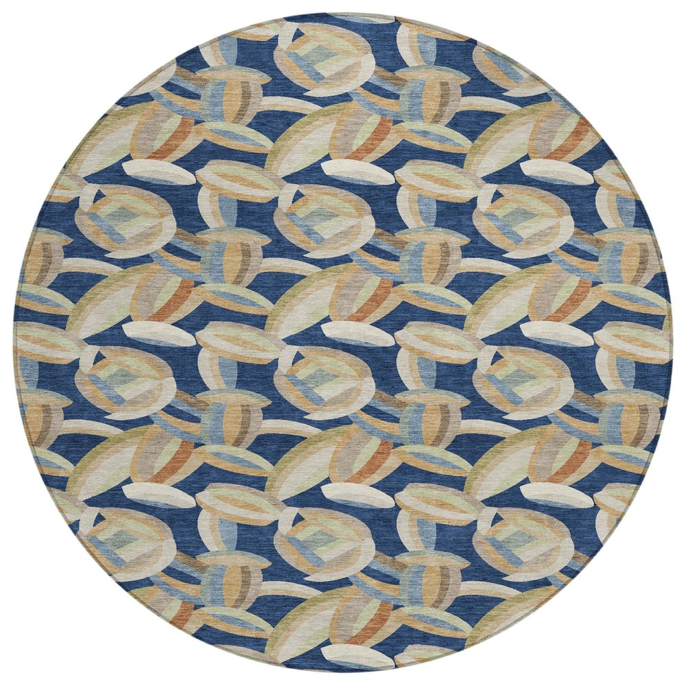8' Navy Blue And Ivory Round Abstract Washable Indoor Outdoor Area Rug HomeRoots