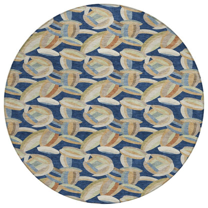 8' Navy Blue And Ivory Round Abstract Washable Indoor Outdoor Area Rug HomeRoots