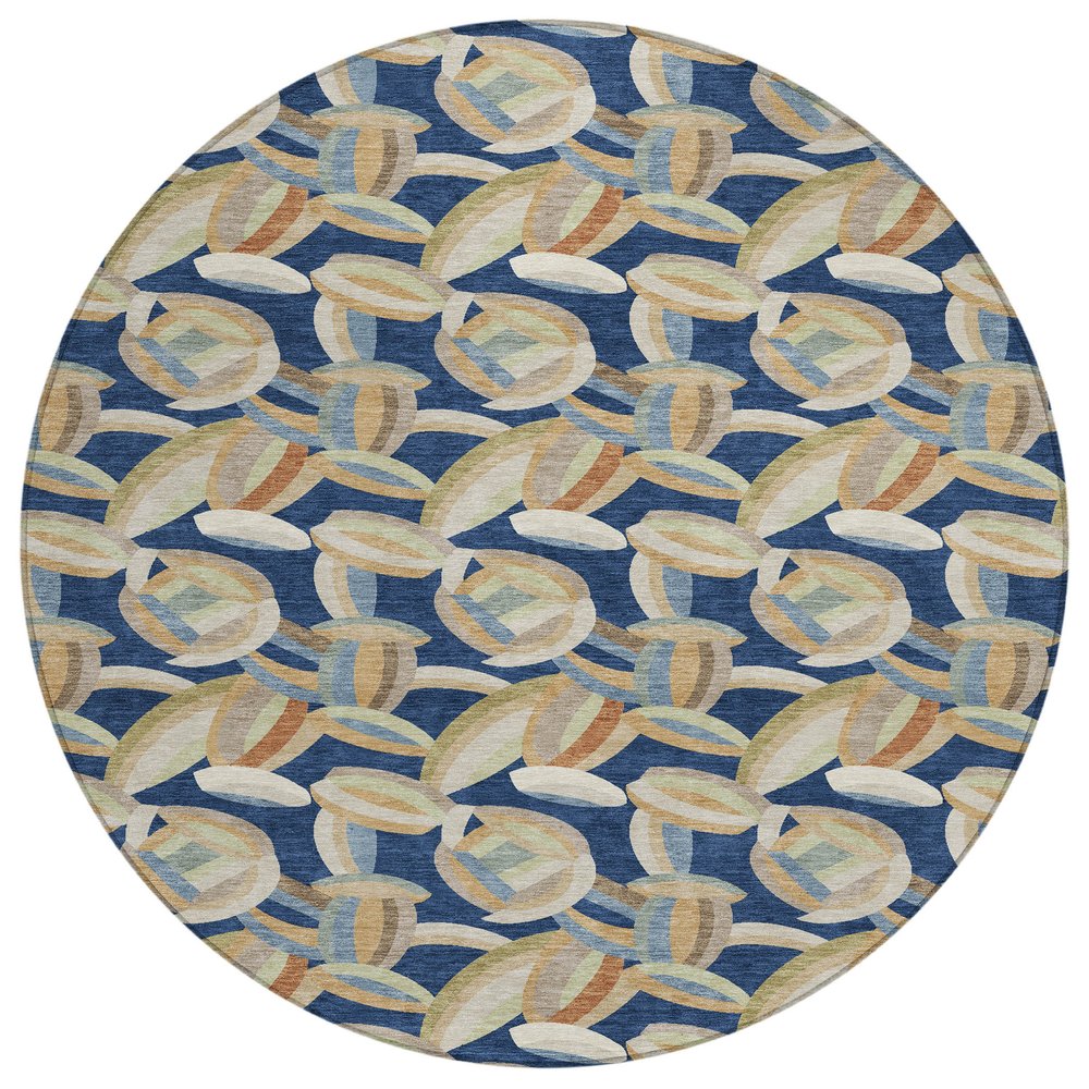 8' Navy Blue And Ivory Round Abstract Washable Indoor Outdoor Area Rug HomeRoots