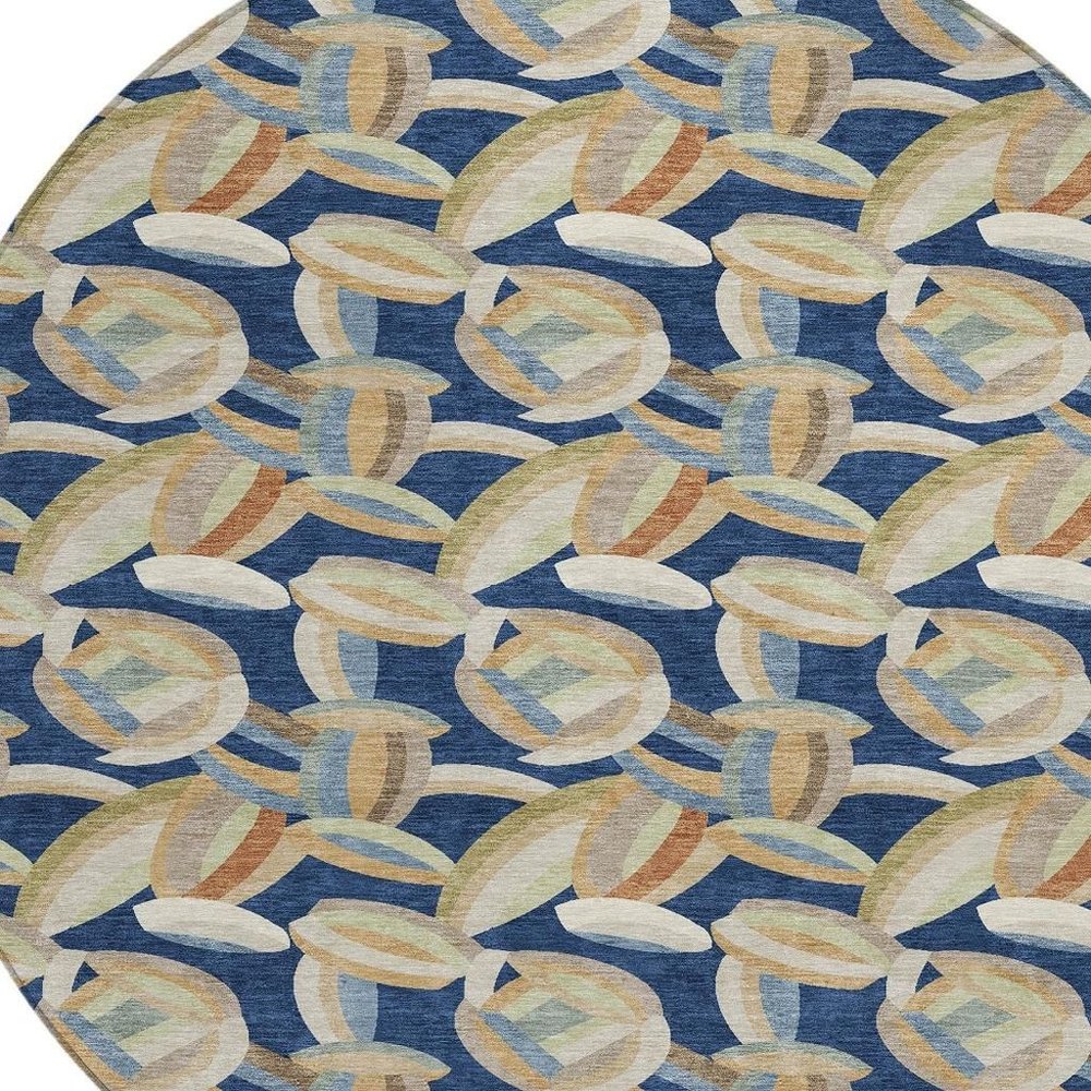 8' Navy Blue And Ivory Round Abstract Washable Indoor Outdoor Area Rug HomeRoots