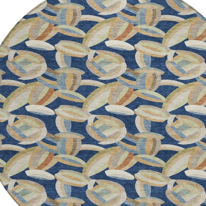 8' Navy Blue And Ivory Round Abstract Washable Indoor Outdoor Area Rug HomeRoots
