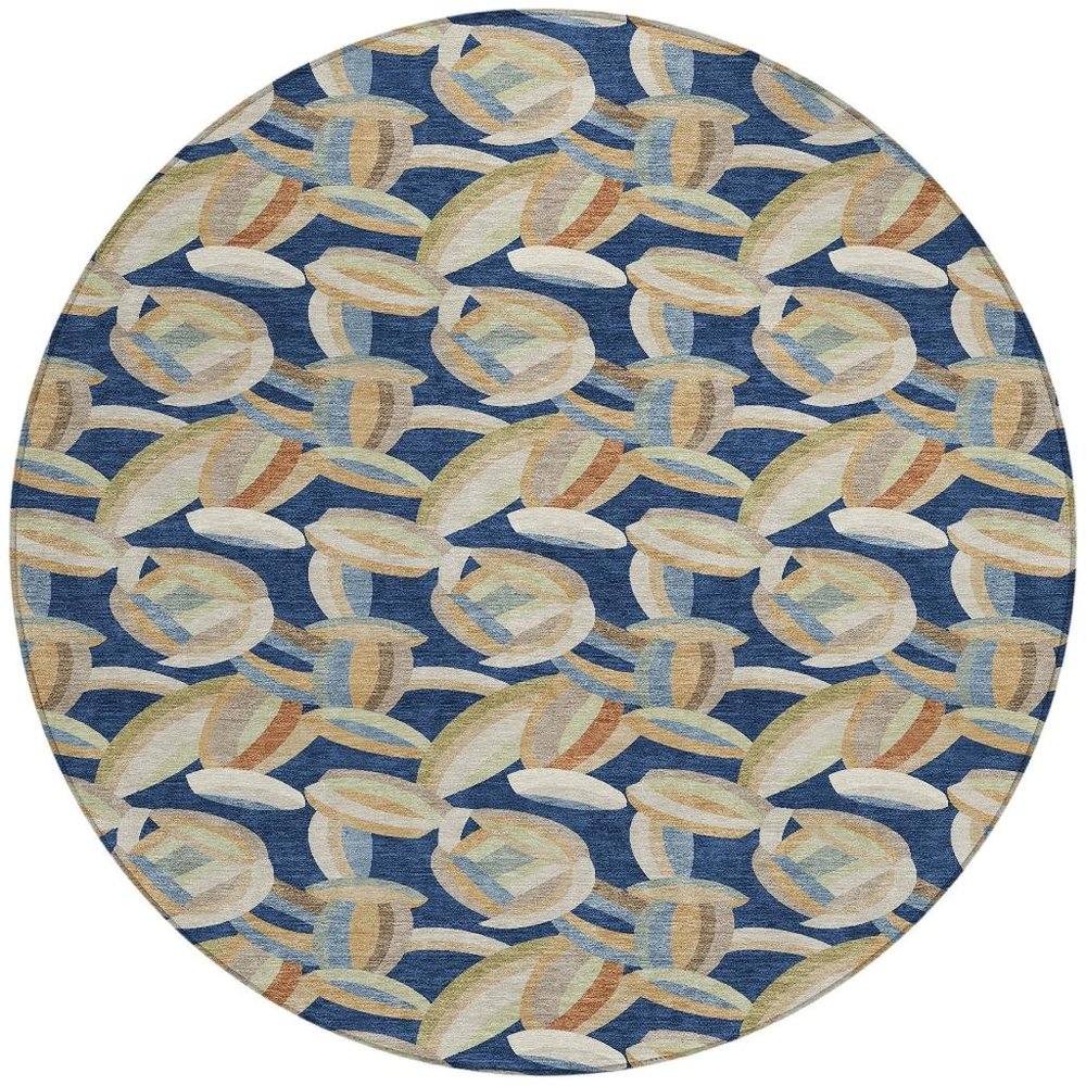 8' Navy Blue And Ivory Round Abstract Washable Indoor Outdoor Area Rug HomeRoots
