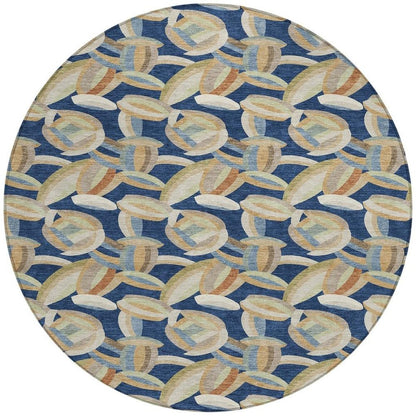 8' Navy Blue And Ivory Round Abstract Washable Indoor Outdoor Area Rug HomeRoots