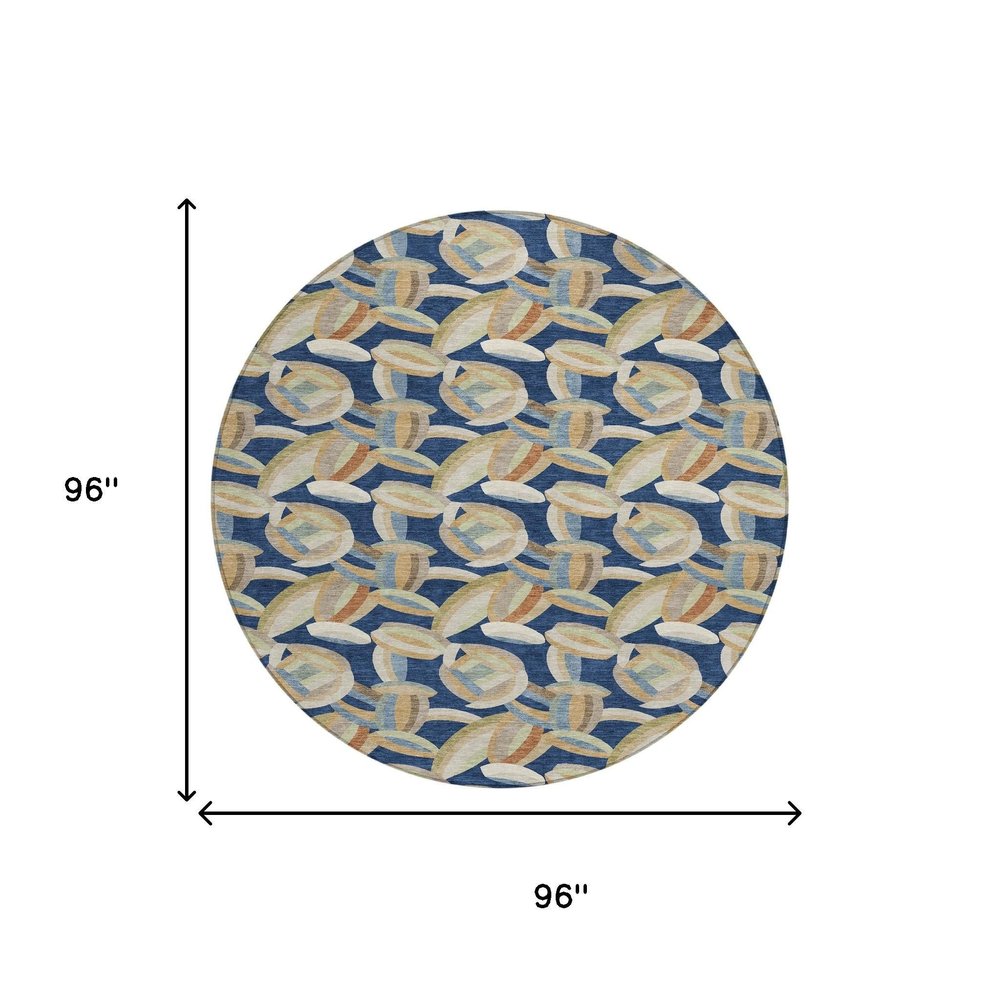 8' Navy Blue And Ivory Round Abstract Washable Indoor Outdoor Area Rug HomeRoots