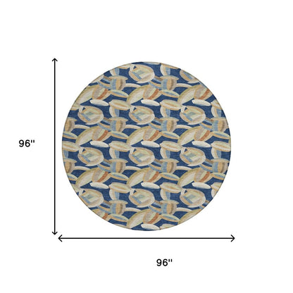 8' Navy Blue And Ivory Round Abstract Washable Indoor Outdoor Area Rug HomeRoots