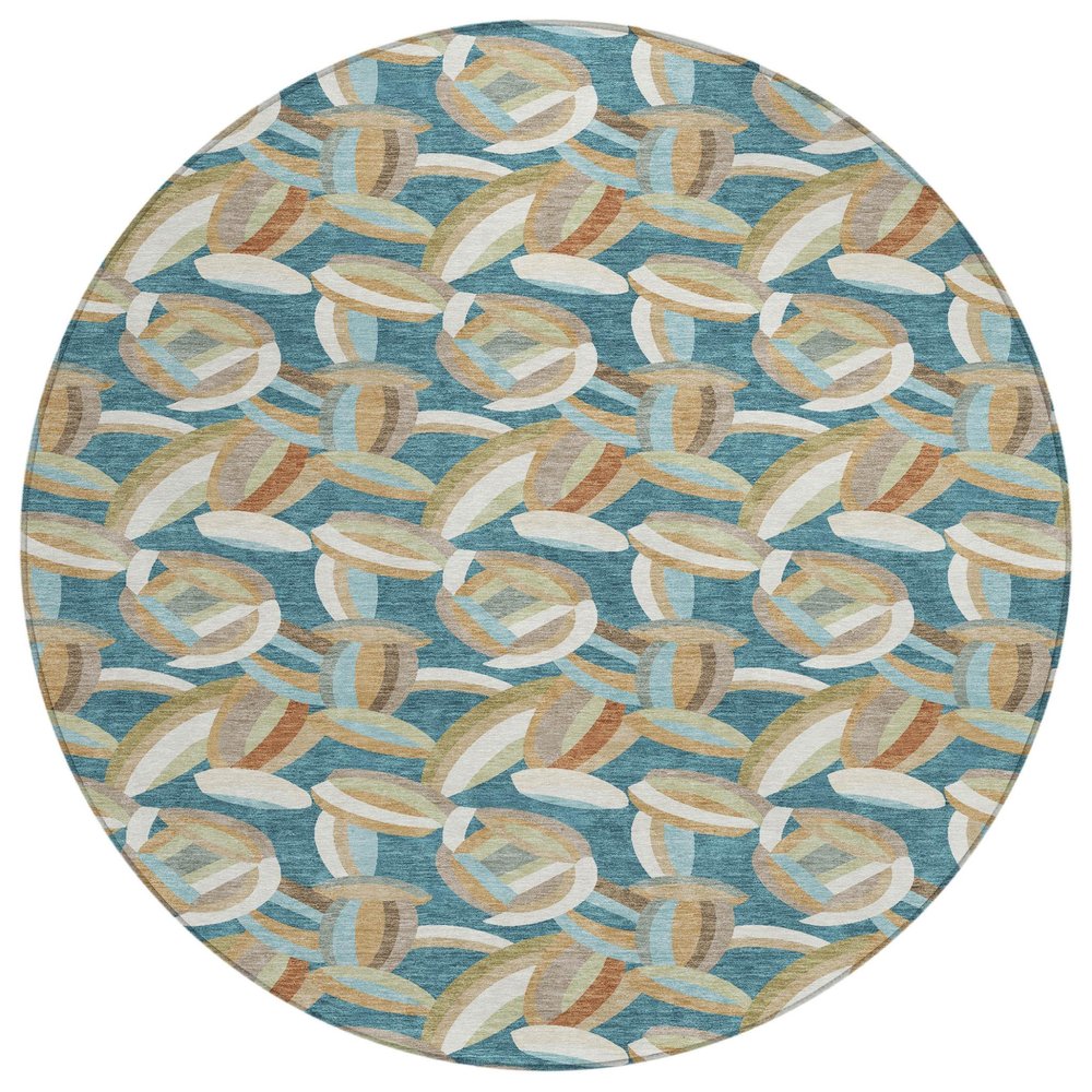 8' Teal Blue And Orange Round Abstract Washable Indoor Outdoor Area Rug HomeRoots