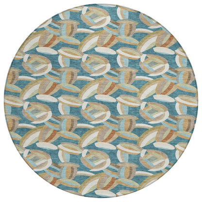 8' Teal Blue And Orange Round Abstract Washable Indoor Outdoor Area Rug HomeRoots
