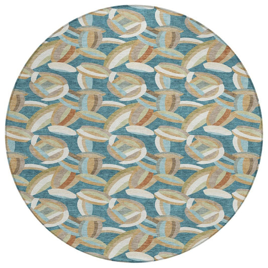 8' Teal Blue And Orange Round Abstract Washable Indoor Outdoor Area Rug HomeRoots