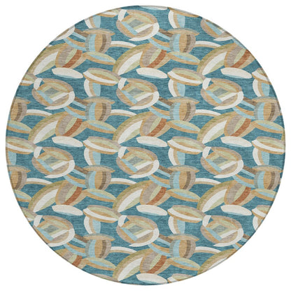 8' Teal Blue And Orange Round Abstract Washable Indoor Outdoor Area Rug HomeRoots