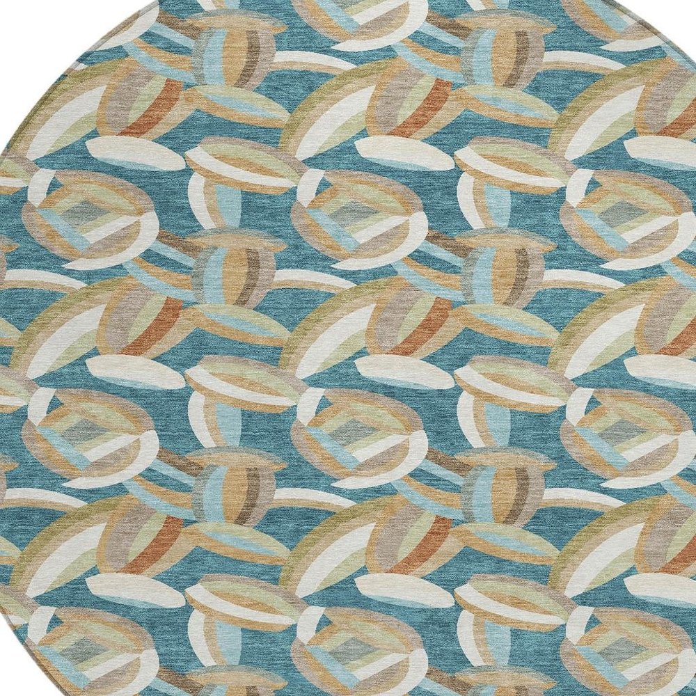 8' Teal Blue And Orange Round Abstract Washable Indoor Outdoor Area Rug HomeRoots