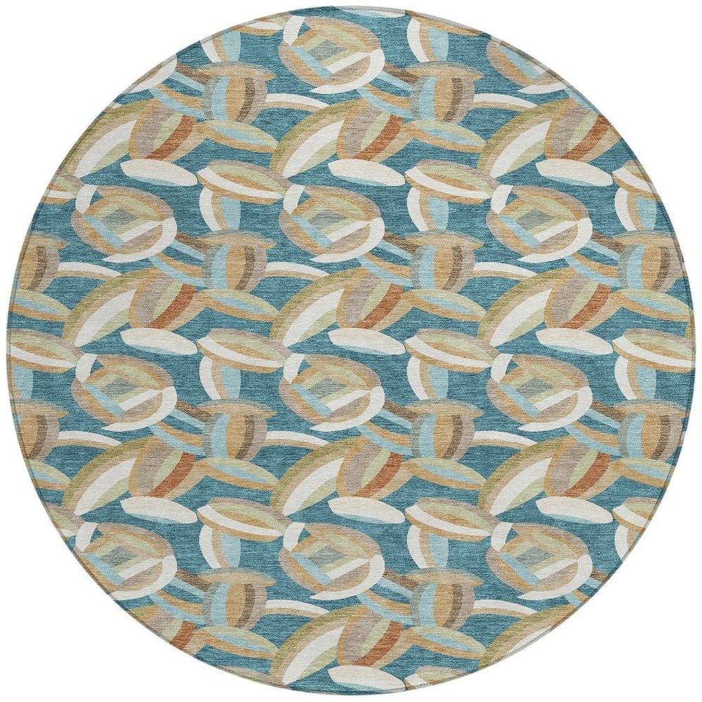 8' Teal Blue And Orange Round Abstract Washable Indoor Outdoor Area Rug HomeRoots
