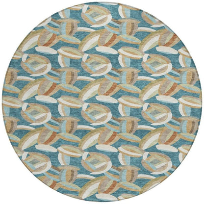 8' Teal Blue And Orange Round Abstract Washable Indoor Outdoor Area Rug HomeRoots