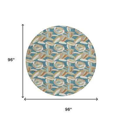 8' Teal Blue And Orange Round Abstract Washable Indoor Outdoor Area Rug HomeRoots