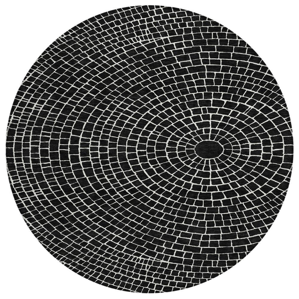 8' Black And Ivory Round Geometric Washable Indoor Outdoor Area Rug HomeRoots