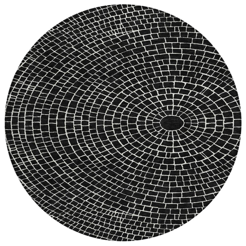 8' Black And Ivory Round Geometric Washable Indoor Outdoor Area Rug HomeRoots
