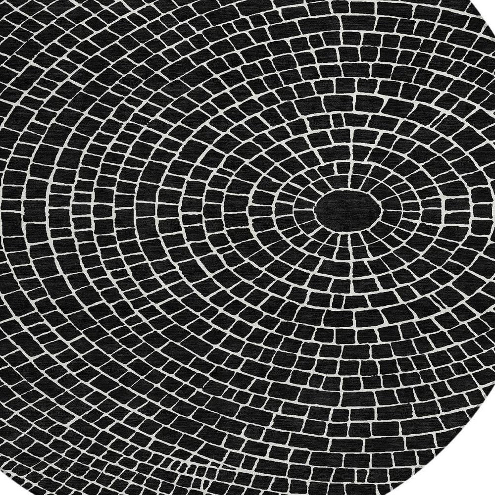 8' Black And Ivory Round Geometric Washable Indoor Outdoor Area Rug HomeRoots