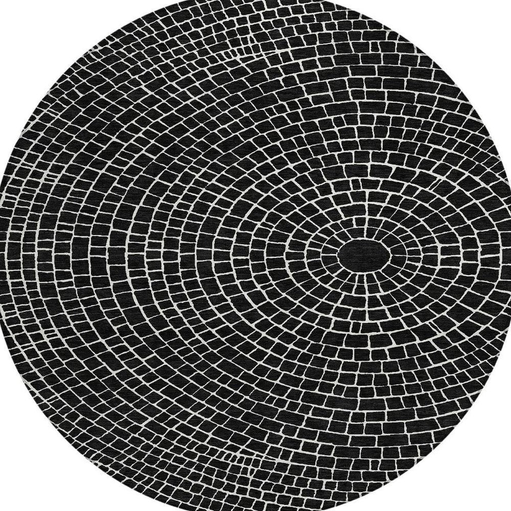 8' Black And Ivory Round Geometric Washable Indoor Outdoor Area Rug HomeRoots
