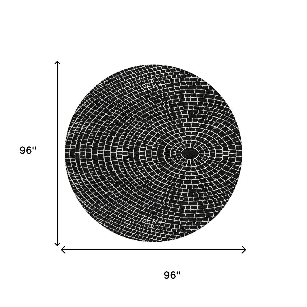 8' Black And Ivory Round Geometric Washable Indoor Outdoor Area Rug HomeRoots