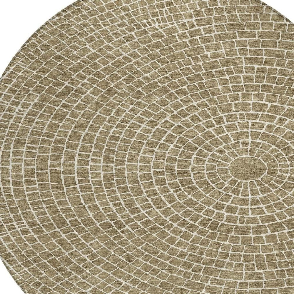 8' Coffee And Ivory Round Geometric Washable Indoor Outdoor Area Rug HomeRoots
