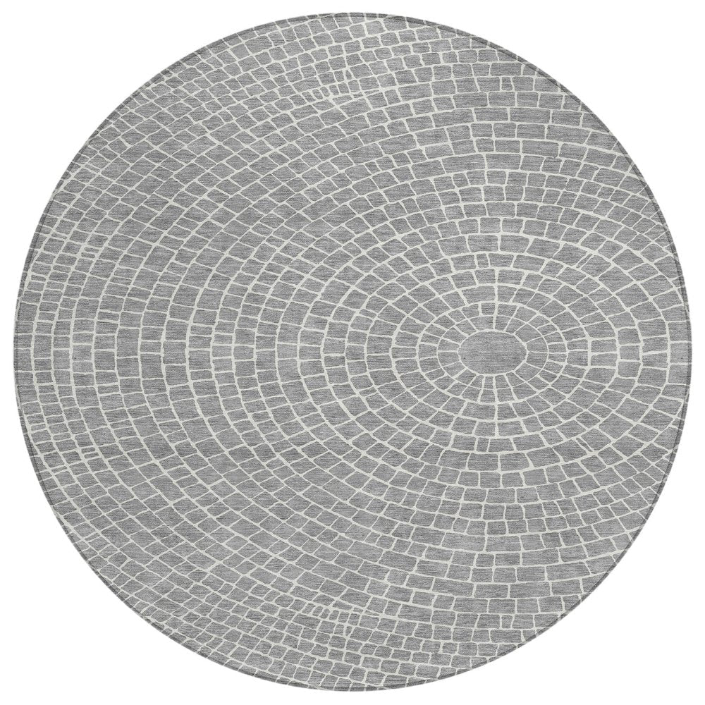 8' Gray And Ivory Round Geometric Washable Indoor Outdoor Area Rug HomeRoots