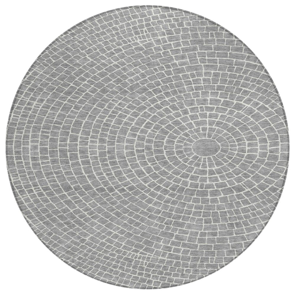 8' Gray And Ivory Round Geometric Washable Indoor Outdoor Area Rug HomeRoots