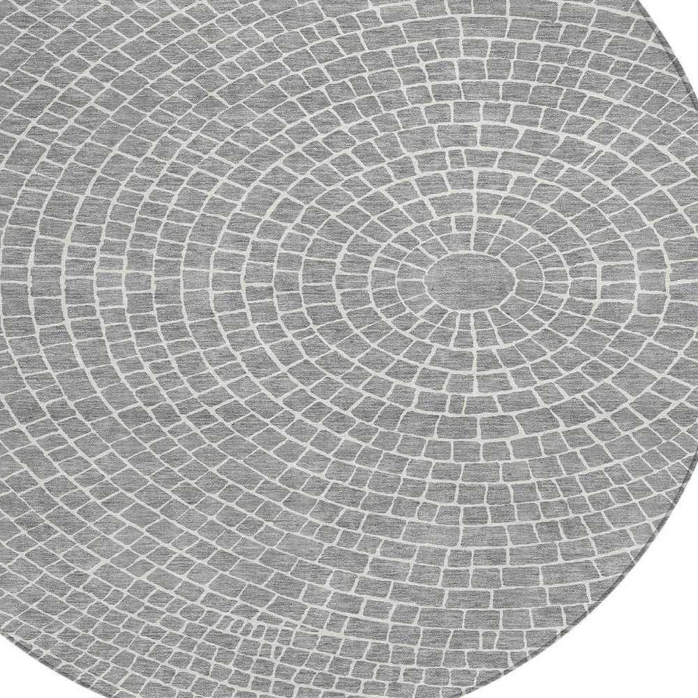 8' Gray And Ivory Round Geometric Washable Indoor Outdoor Area Rug HomeRoots