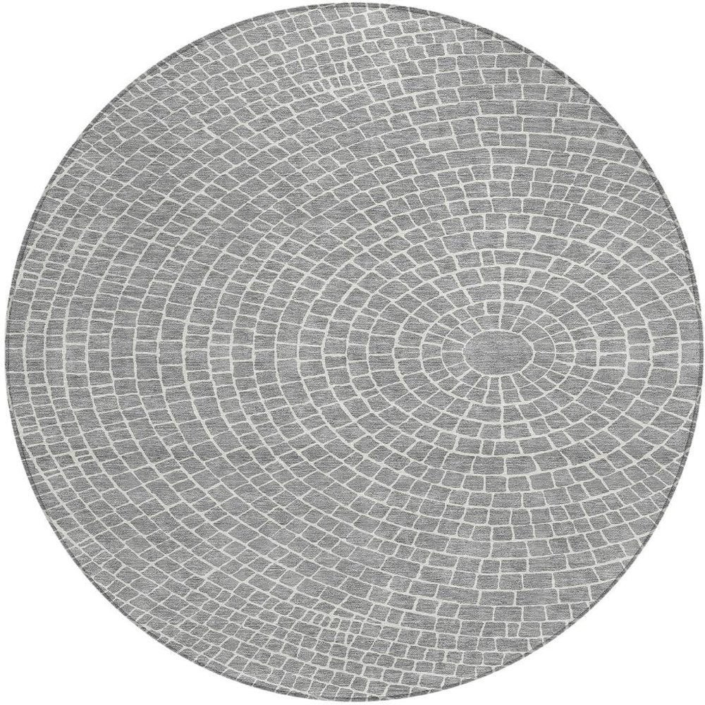 8' Gray And Ivory Round Geometric Washable Indoor Outdoor Area Rug HomeRoots