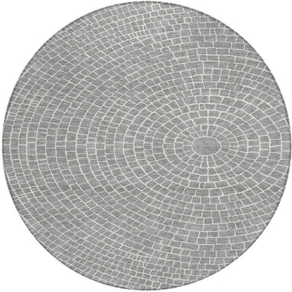 8' Gray And Ivory Round Geometric Washable Indoor Outdoor Area Rug HomeRoots