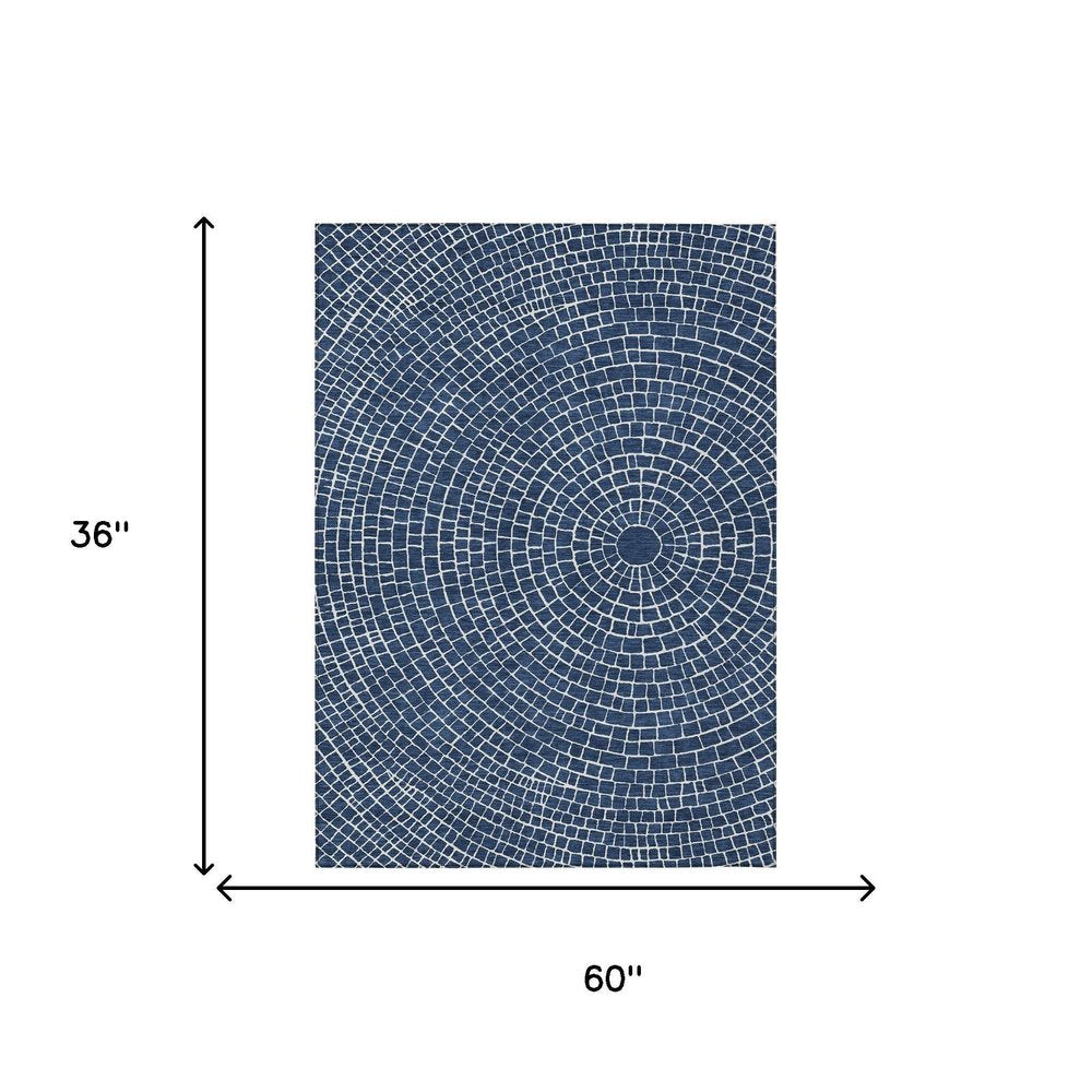 3' X 5' Navy Blue And Ivory Geometric Washable Indoor Outdoor Area Rug