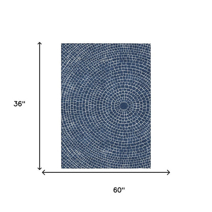 3' X 5' Navy Blue And Ivory Geometric Washable Indoor Outdoor Area Rug
