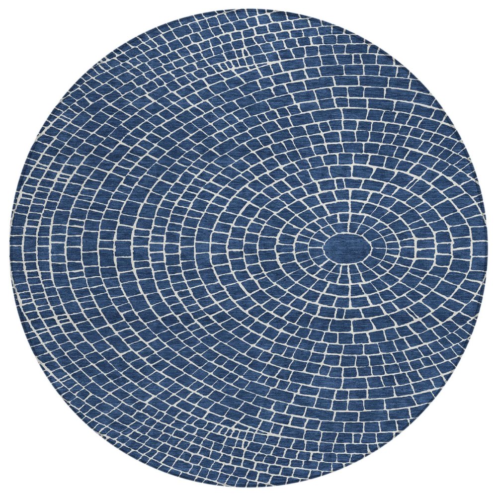8' Navy Blue And Ivory Round Geometric Washable Indoor Outdoor Area Rug HomeRoots