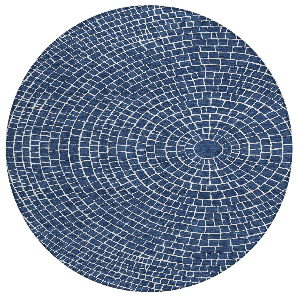 8' Navy Blue And Ivory Round Geometric Washable Indoor Outdoor Area Rug HomeRoots