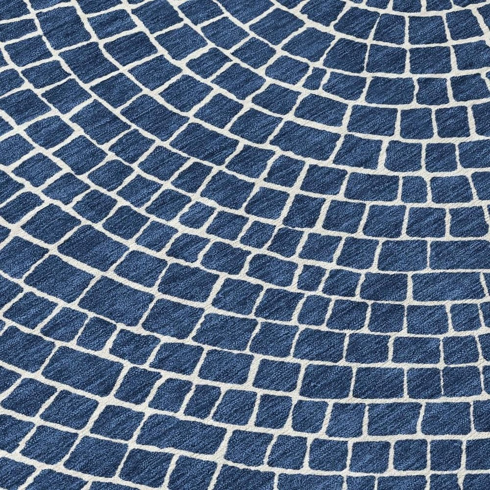 8' Navy Blue And Ivory Round Geometric Washable Indoor Outdoor Area Rug HomeRoots