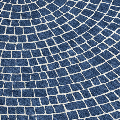 8' Navy Blue And Ivory Round Geometric Washable Indoor Outdoor Area Rug HomeRoots