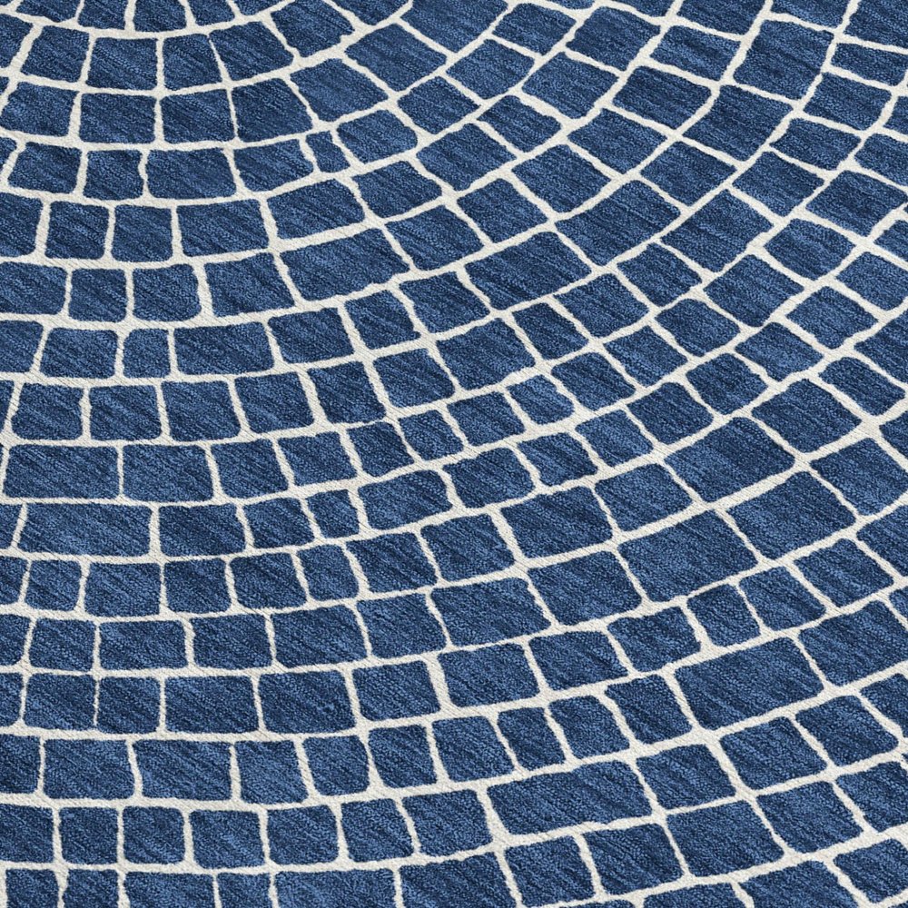 8' Navy Blue And Ivory Round Geometric Washable Indoor Outdoor Area Rug HomeRoots