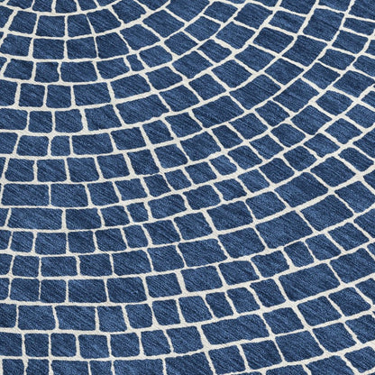 8' Navy Blue And Ivory Round Geometric Washable Indoor Outdoor Area Rug HomeRoots