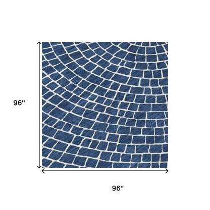 8' Navy Blue And Ivory Round Geometric Washable Indoor Outdoor Area Rug HomeRoots