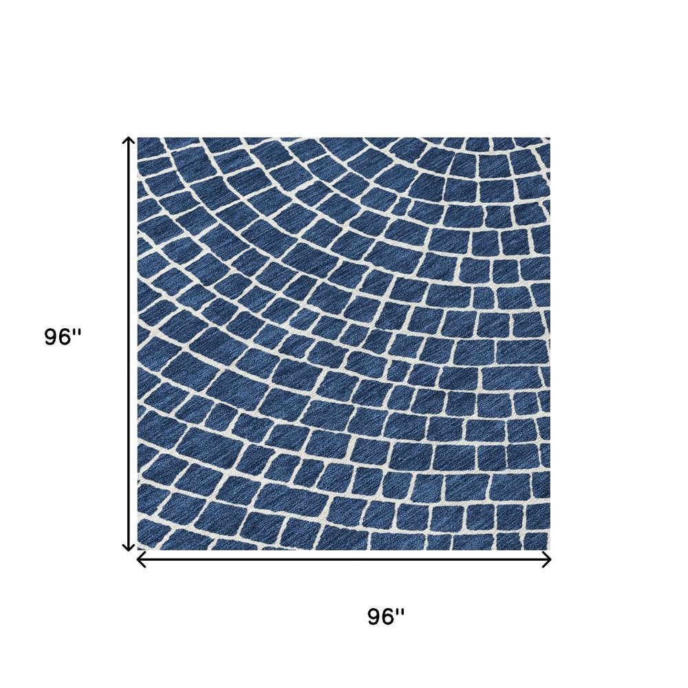 8' Navy Blue And Ivory Round Geometric Washable Indoor Outdoor Area Rug HomeRoots