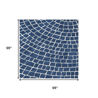 8' Navy Blue And Ivory Round Geometric Washable Indoor Outdoor Area Rug HomeRoots
