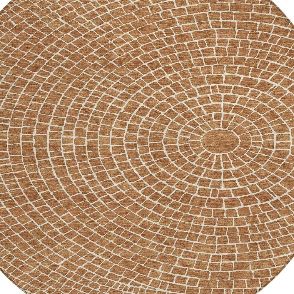 8' Rust And Ivory Round Geometric Washable Indoor Outdoor Area Rug HomeRoots