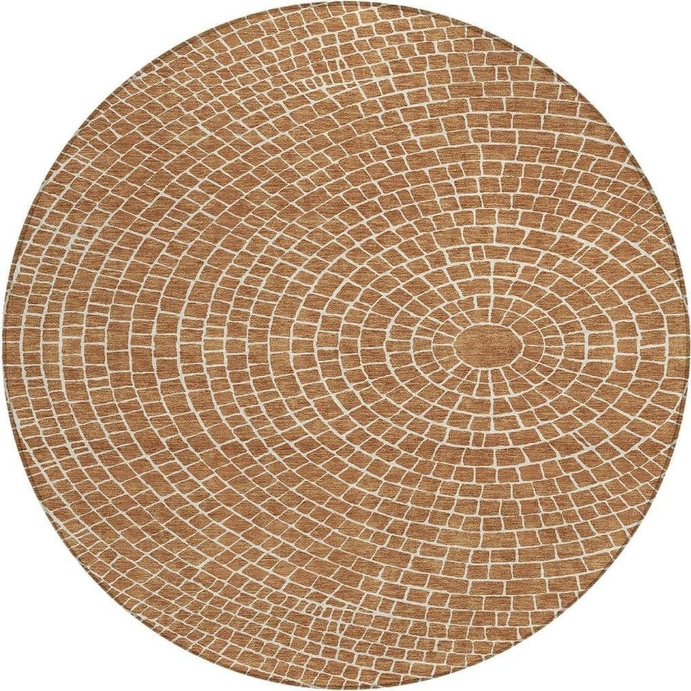 8' Rust And Ivory Round Geometric Washable Indoor Outdoor Area Rug HomeRoots
