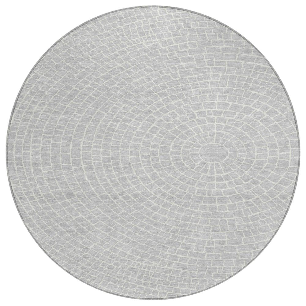8' Silver And Ivory Round Geometric Washable Indoor Outdoor Area Rug HomeRoots