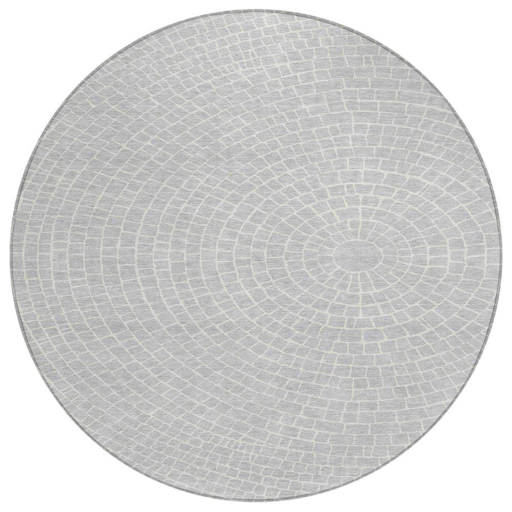 8' Silver And Ivory Round Geometric Washable Indoor Outdoor Area Rug HomeRoots