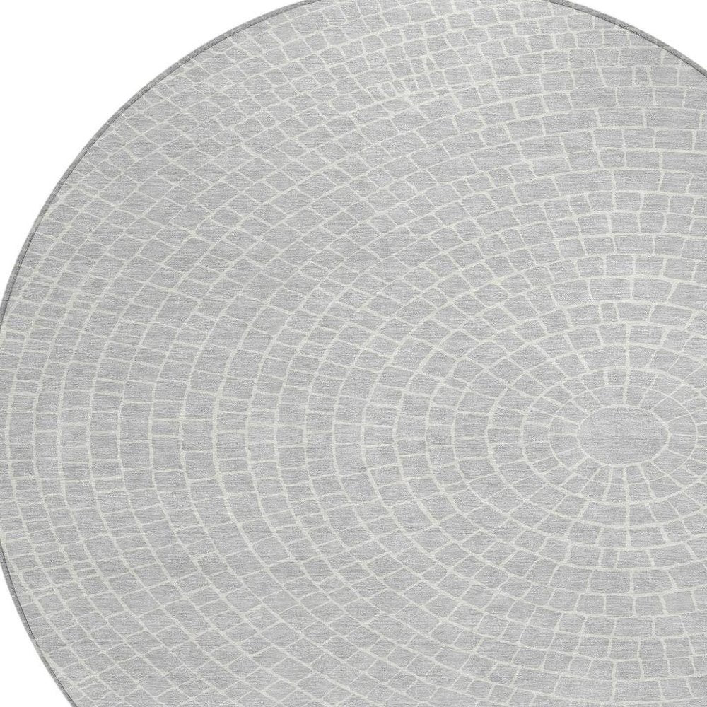 8' Silver And Ivory Round Geometric Washable Indoor Outdoor Area Rug HomeRoots