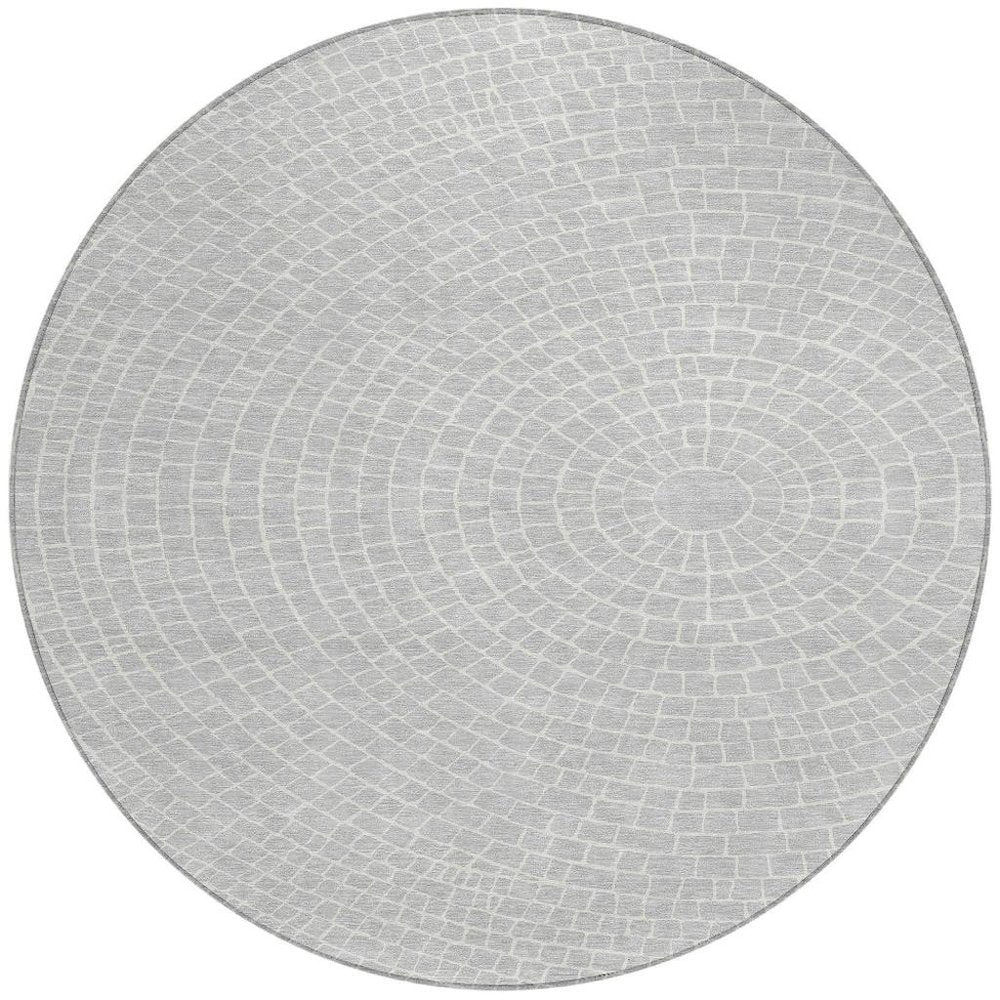 8' Silver And Ivory Round Geometric Washable Indoor Outdoor Area Rug HomeRoots